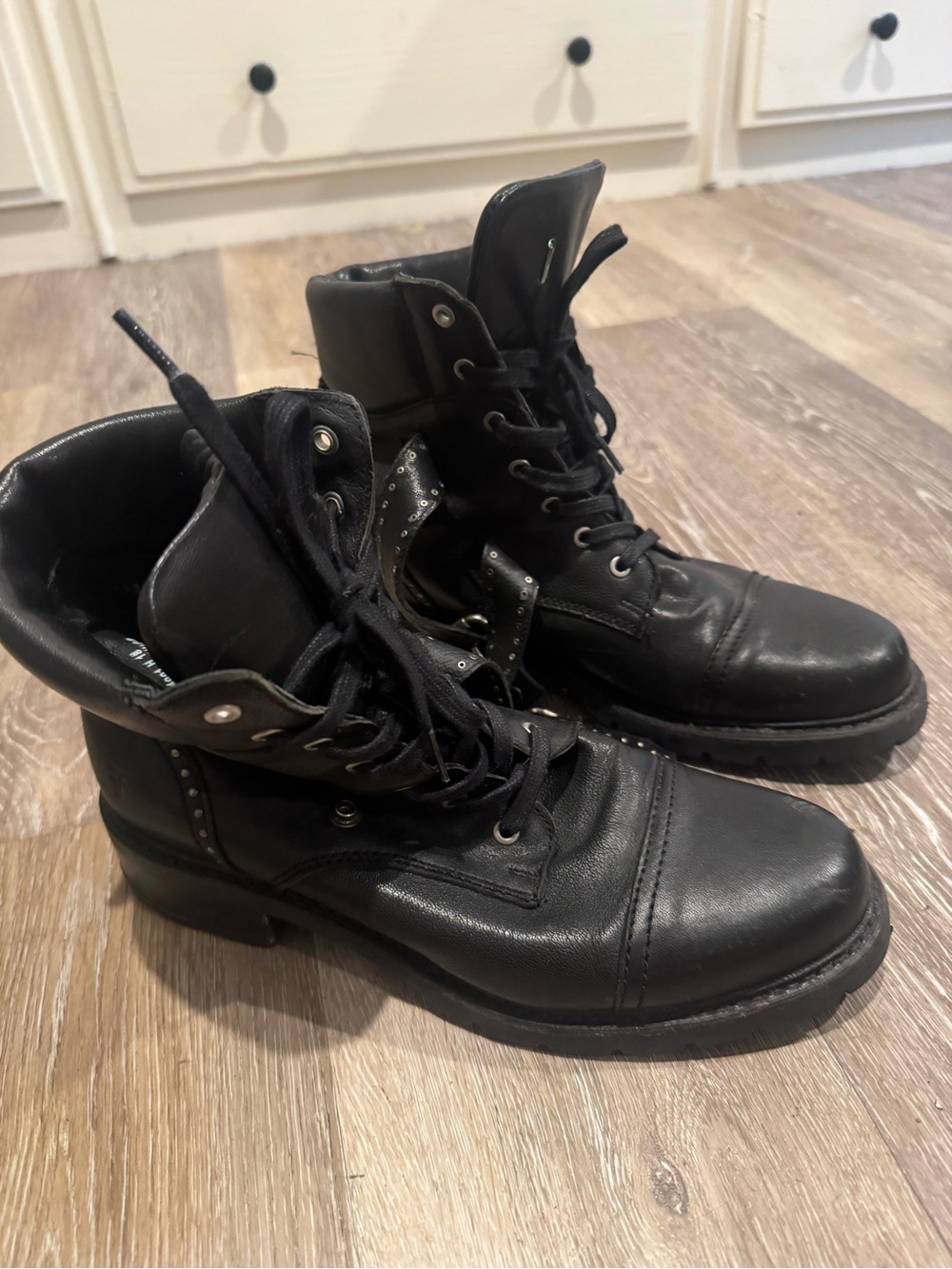 Frye Samantha Black Studded Buckle Leather Hiking Boots - Picture 3 of 9
